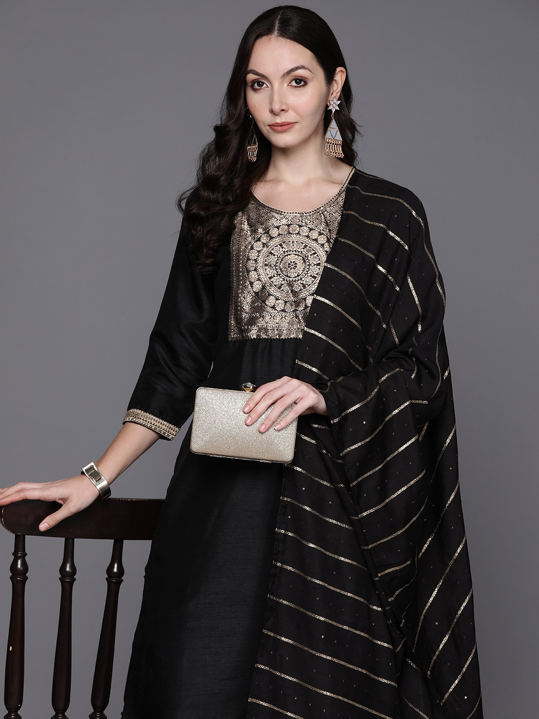 Indo Era Blue Yoke Design Straight Kurta Trousers With Dupatta set