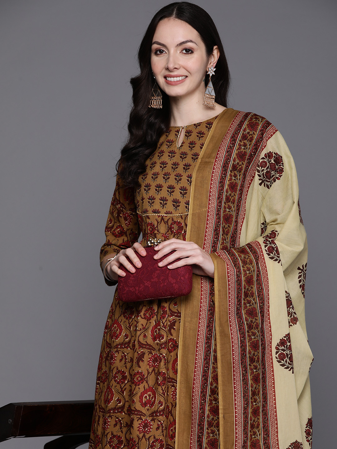 Indo Era Brown Printed A-Line Kurta Trousers Set
