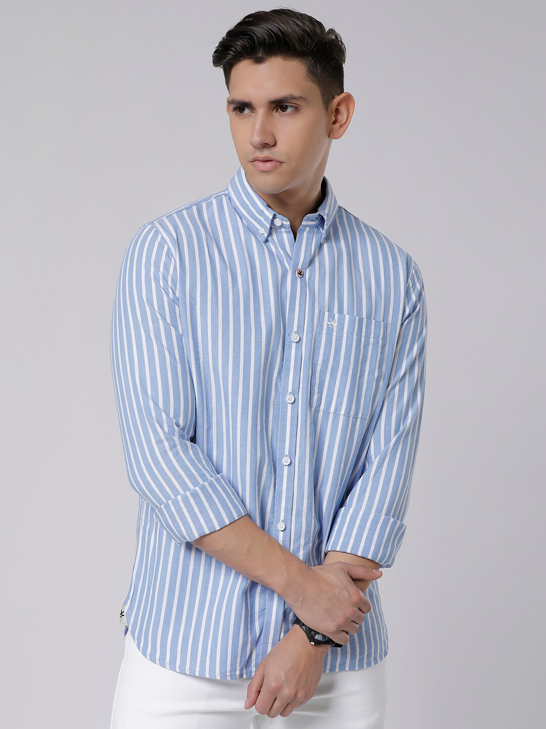 Buy WROGN Standard Slim Fit Vertical Striped Button Down Collar Cotton