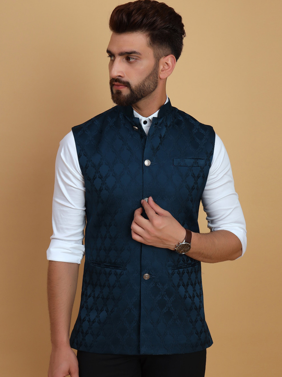 Men's Gold Mandarin Collar Woven Design Nehru Jacket