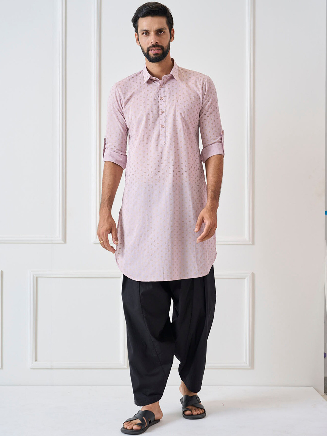 Men Indigo Regular Pure Cotton Pathani Kurta With White Salwar