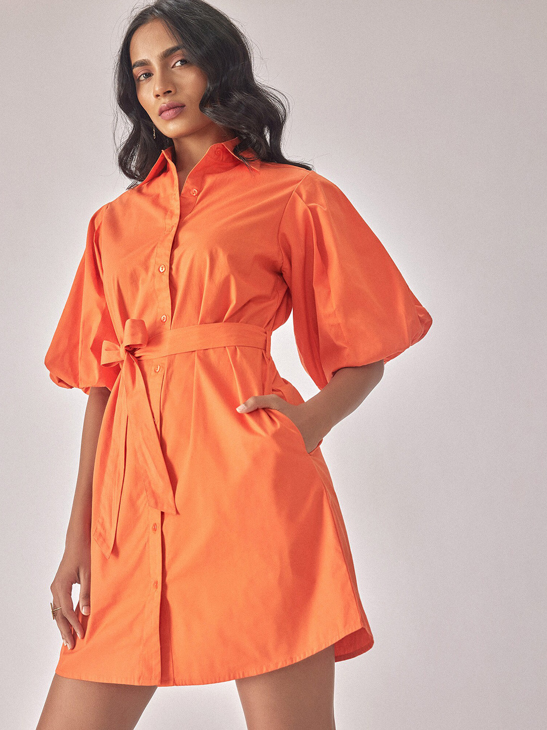 Buy The Label Life Belted Waist Shirt Collar Puff Sleeve Shirt Dress