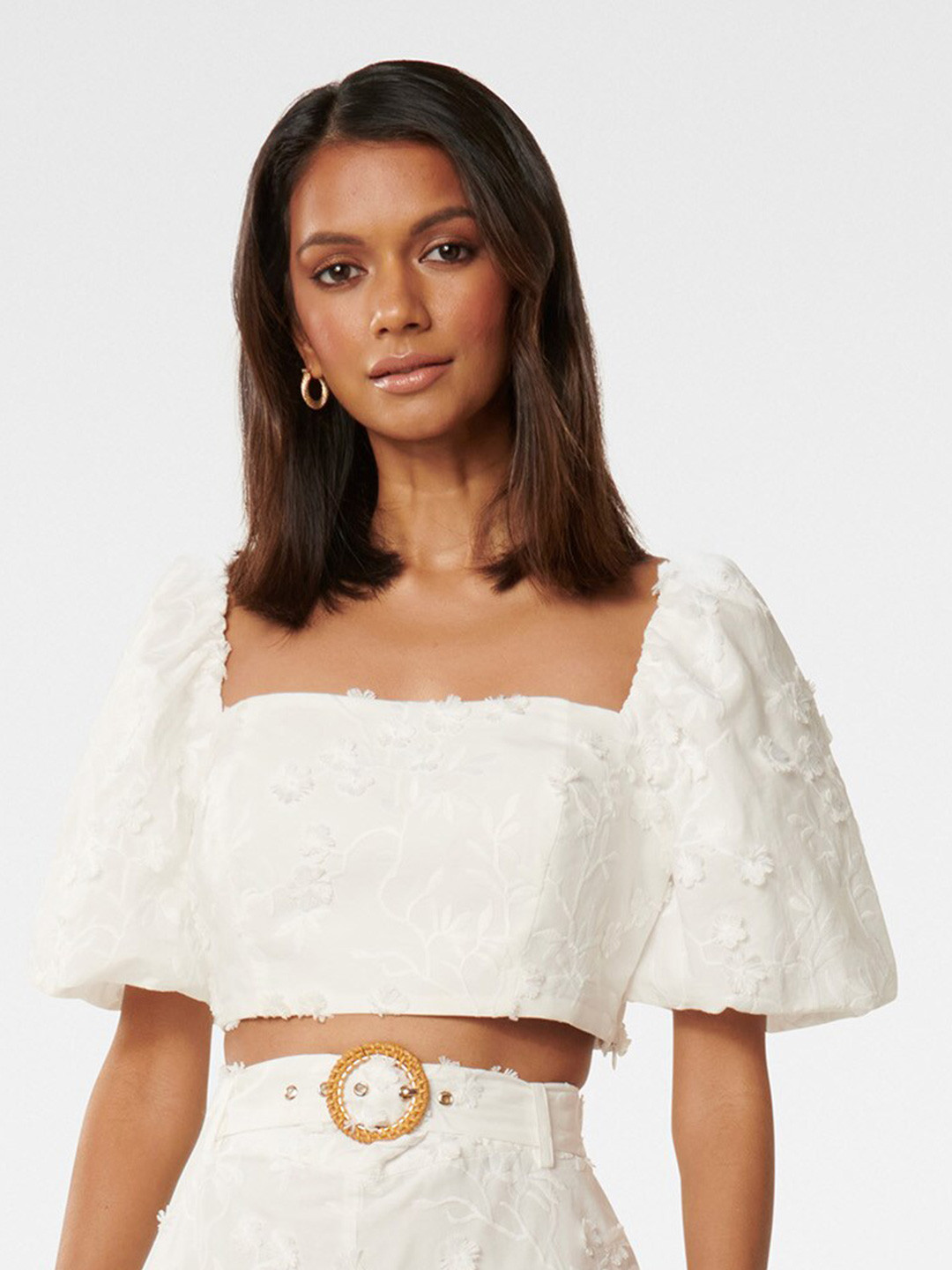 Buy Forever New Floral Embroidered Puff Sleeve Pure Cotton Crop Top