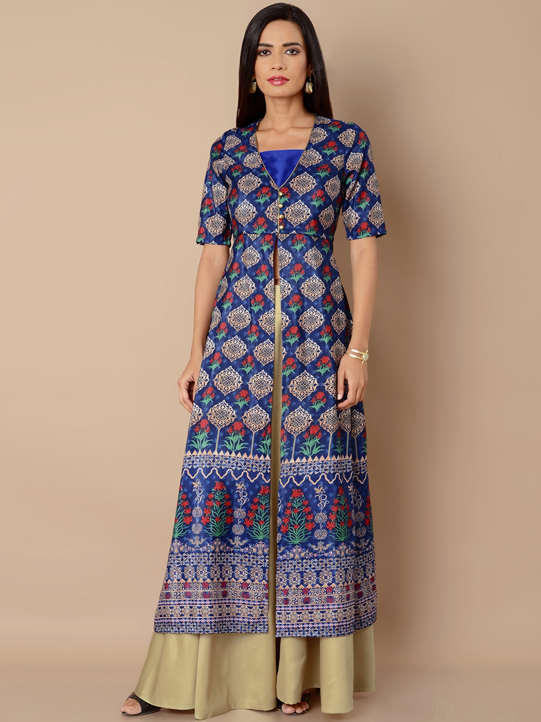 Buy INDYA Women Blue Silk Printed A Line Kurta - Kurtas for Women ...