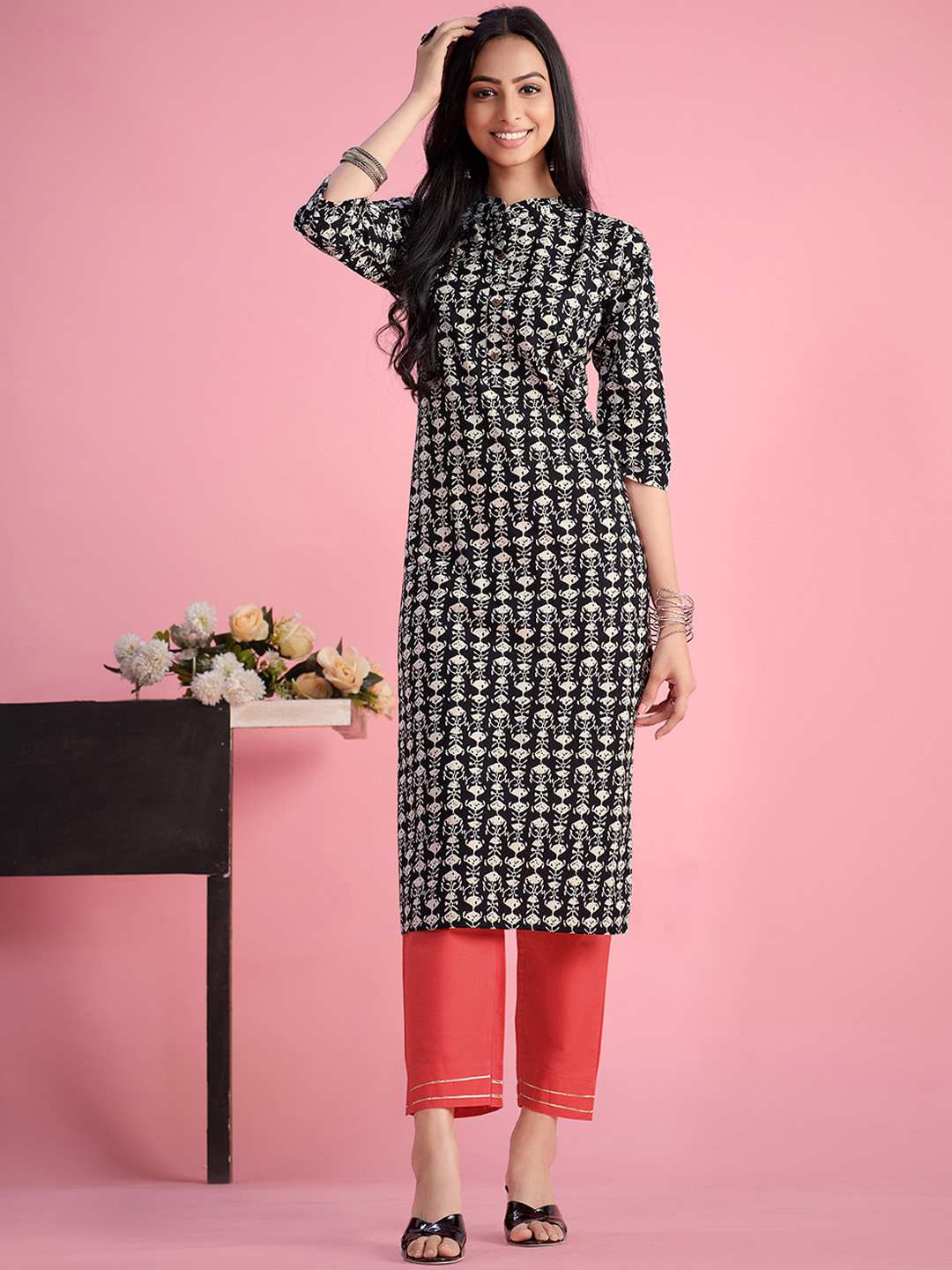 Buy Sangria Black Mandarin Collar Ethnic Motifs Printed Pure Cotton Kurta Kurtas for Women