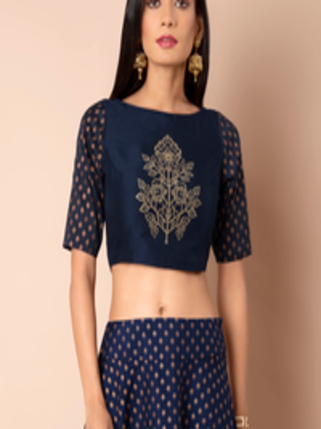 Buy INDYA Women Navy Blue Printed Crop Fitted Top - Tops for Women ...