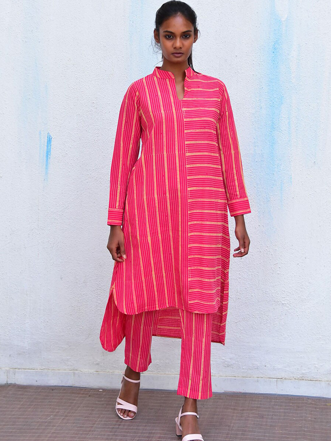 Buy Chidiyaa Striped Mandarin Collar High Low Pure Cotton Kurta With