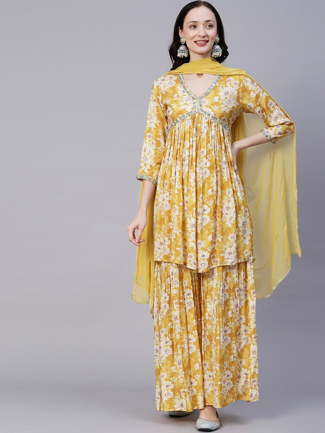 Mirror Work Embellished Kurta With 3 Layered Sharara & Ruffled Dupatta
