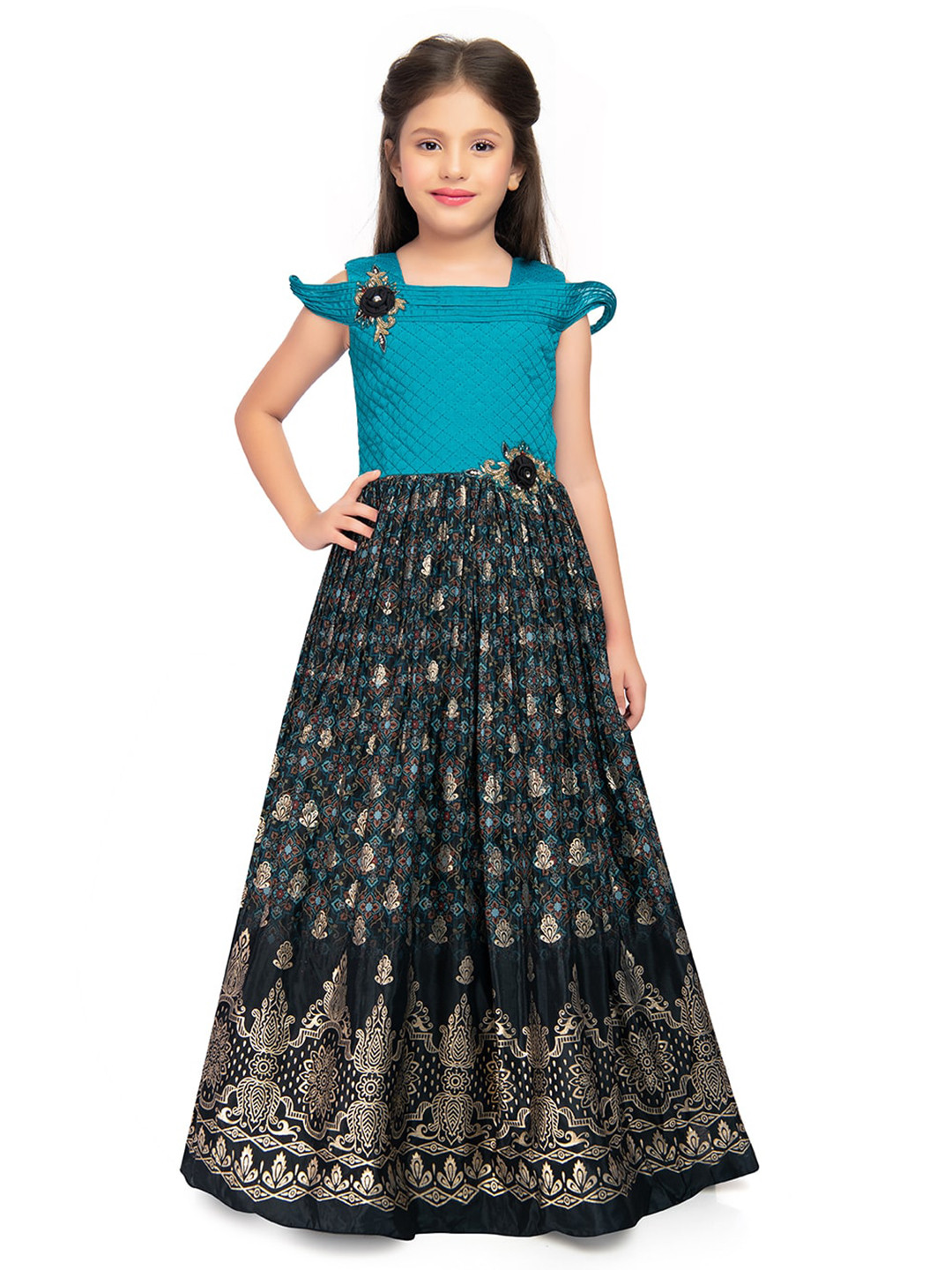 Girls Bead Embellished Printed Silk Ethnic Dress main image 0