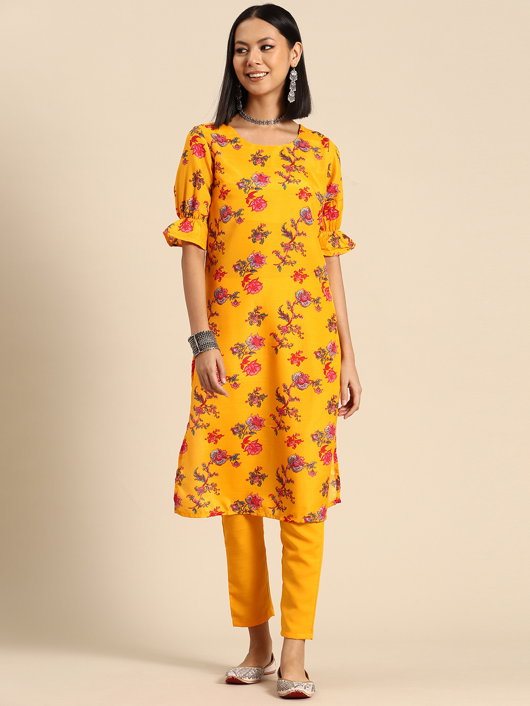 Buy Sangria Floral Printed Puff Sleeve Kurta With Trousers Kurta Sets for Women 23491026 Myntra