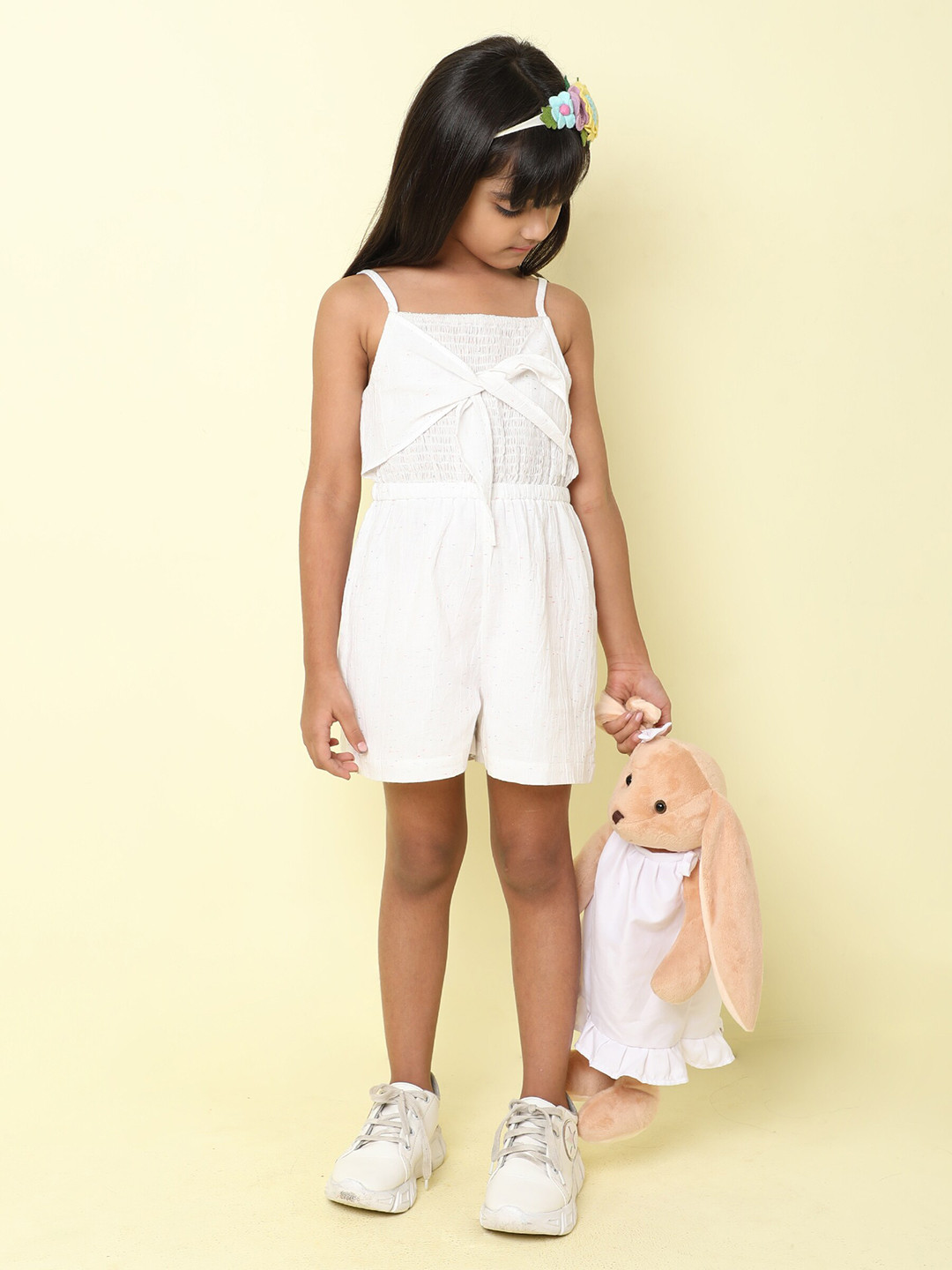 Tecomoabesos Hand Smocked Playsuit, White with Pink main image 0
