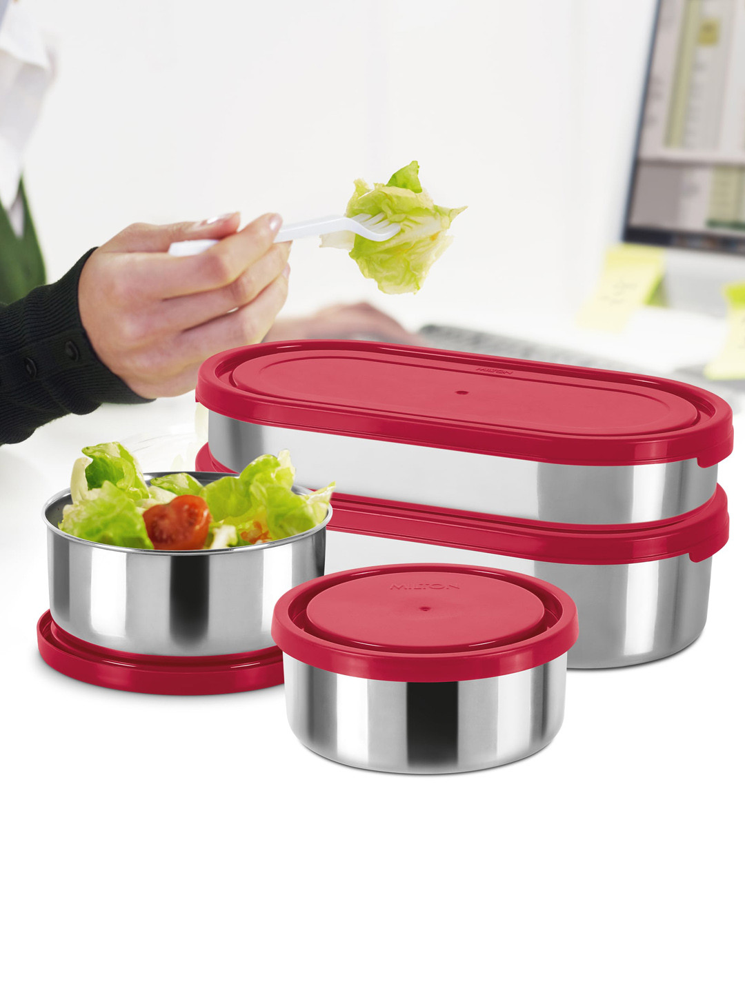 Buy Milton Red Triple Decker Stainless Steel Lunch Box With Spoon
