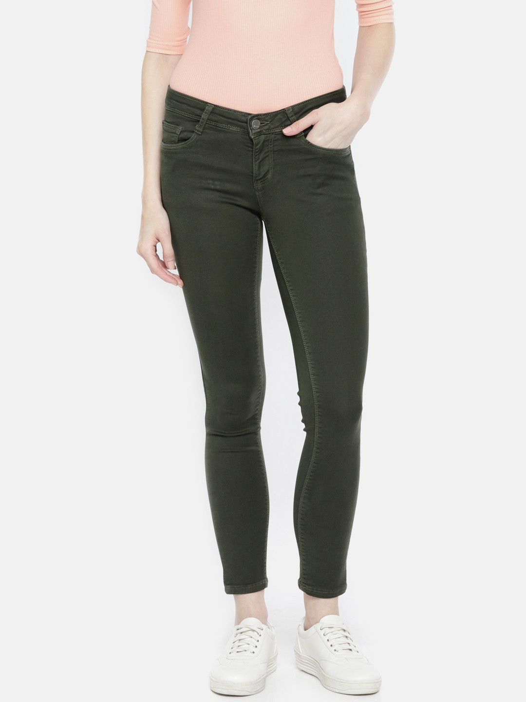 Buy Kraus Jeans Women Olive Green Skinny Fit Mid Rise Clean Look Ankle