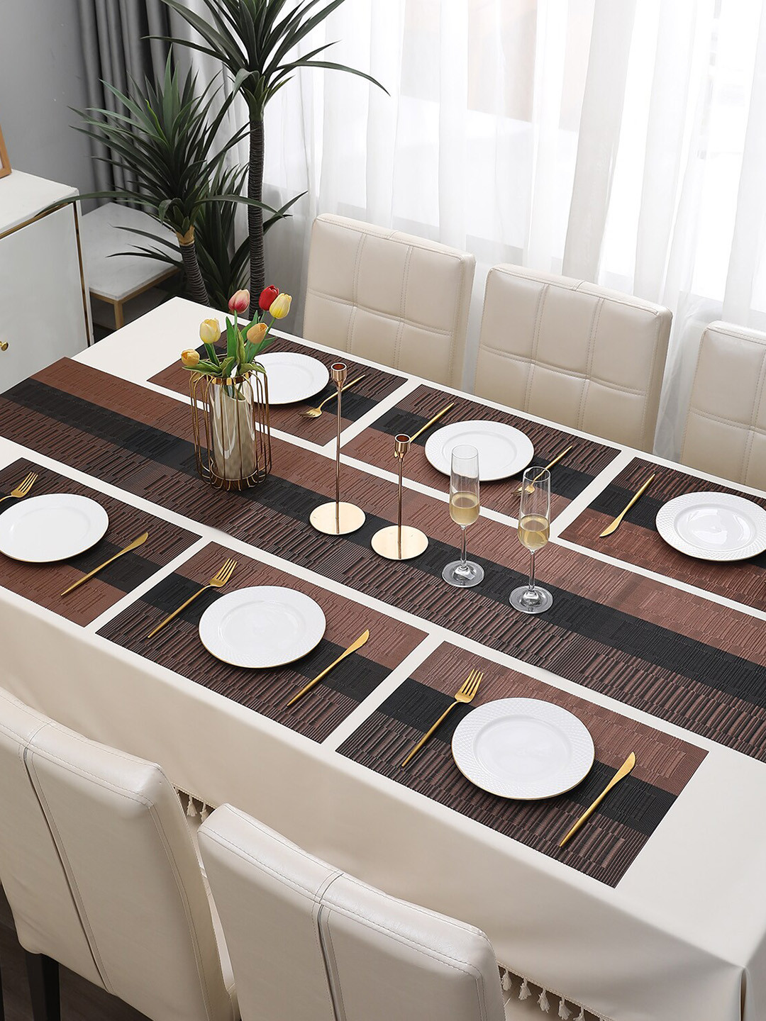 Buy HOKIPO Set Of 6 Textured & Colourblocked Tablemats With 1 Table Runner Table Placemats for