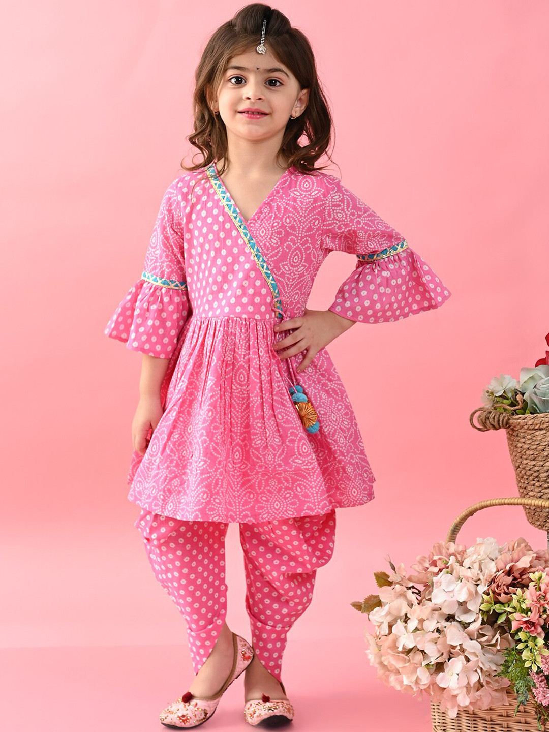 Girls Green Cotton Viscose Angrakha Kurta Set