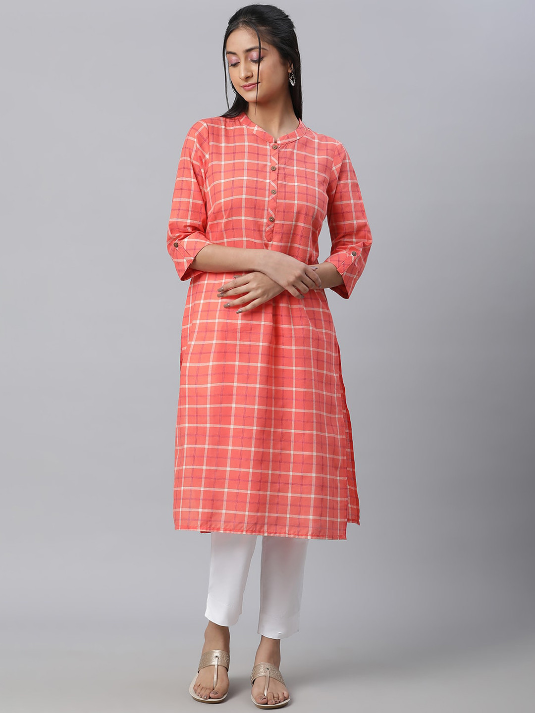 Buy AURELIA Checked Straight Pure Cotton Kurta Kurtas for Women