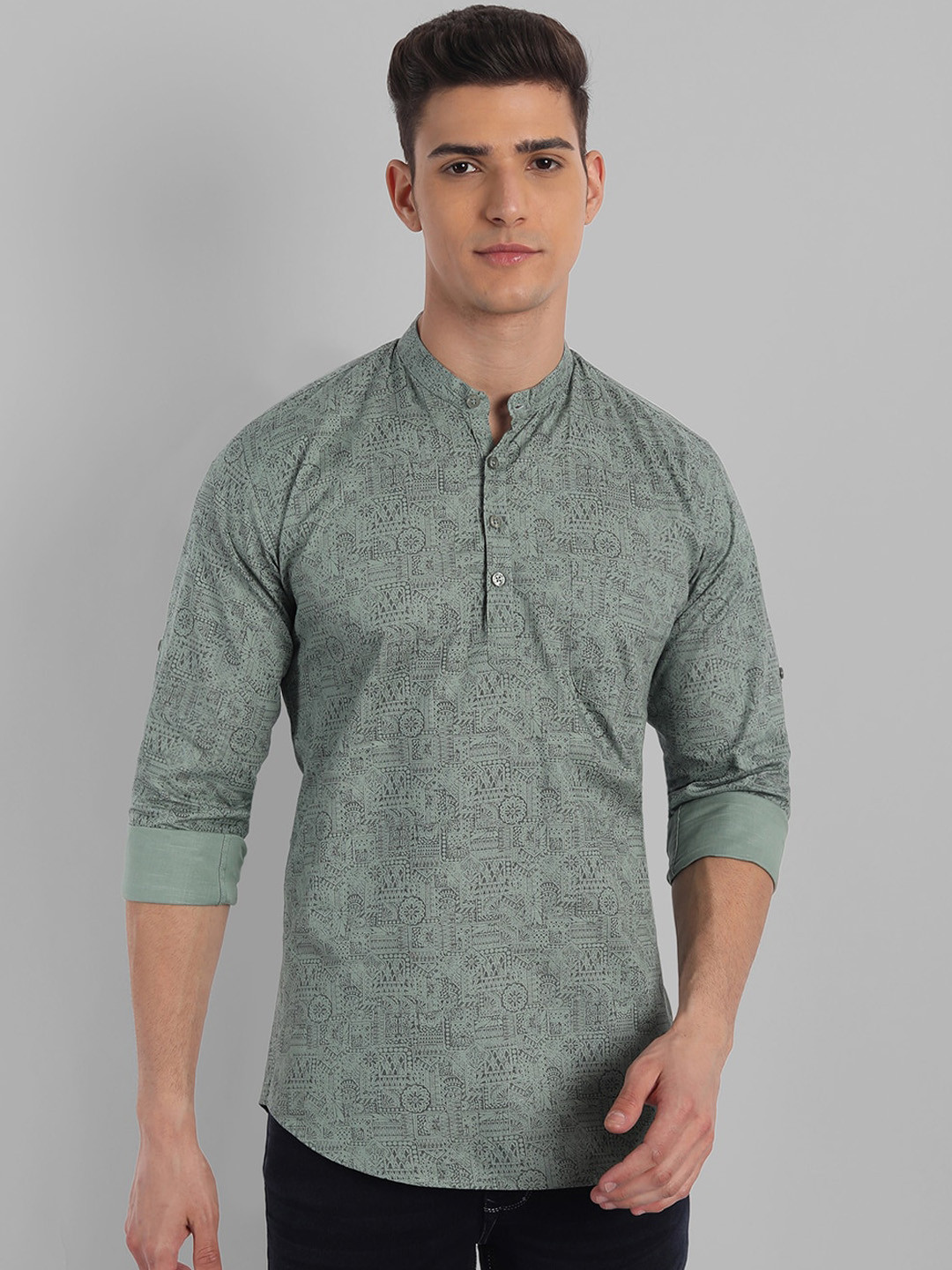 Men Geometric Woven Design Pastels Cotton Kurta