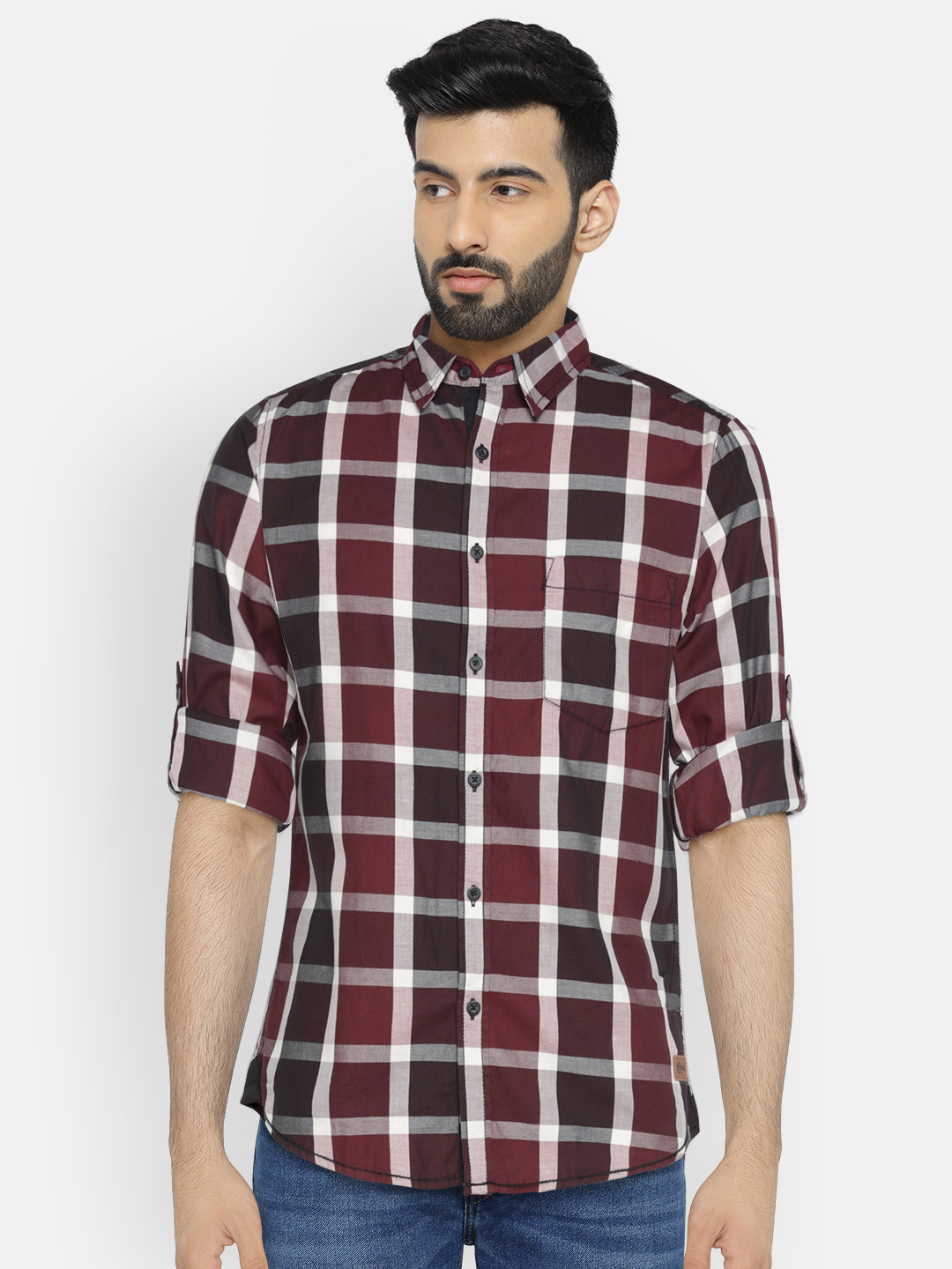 Men Maroon & White Check Shoulder Yoke Regular Shirt
