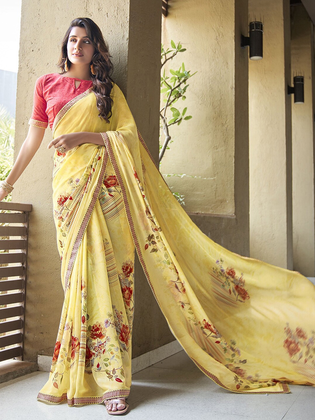 Buy Satrani Yellow Red Floral Printed Poly Georgette Saree Sarees For Women Myntra