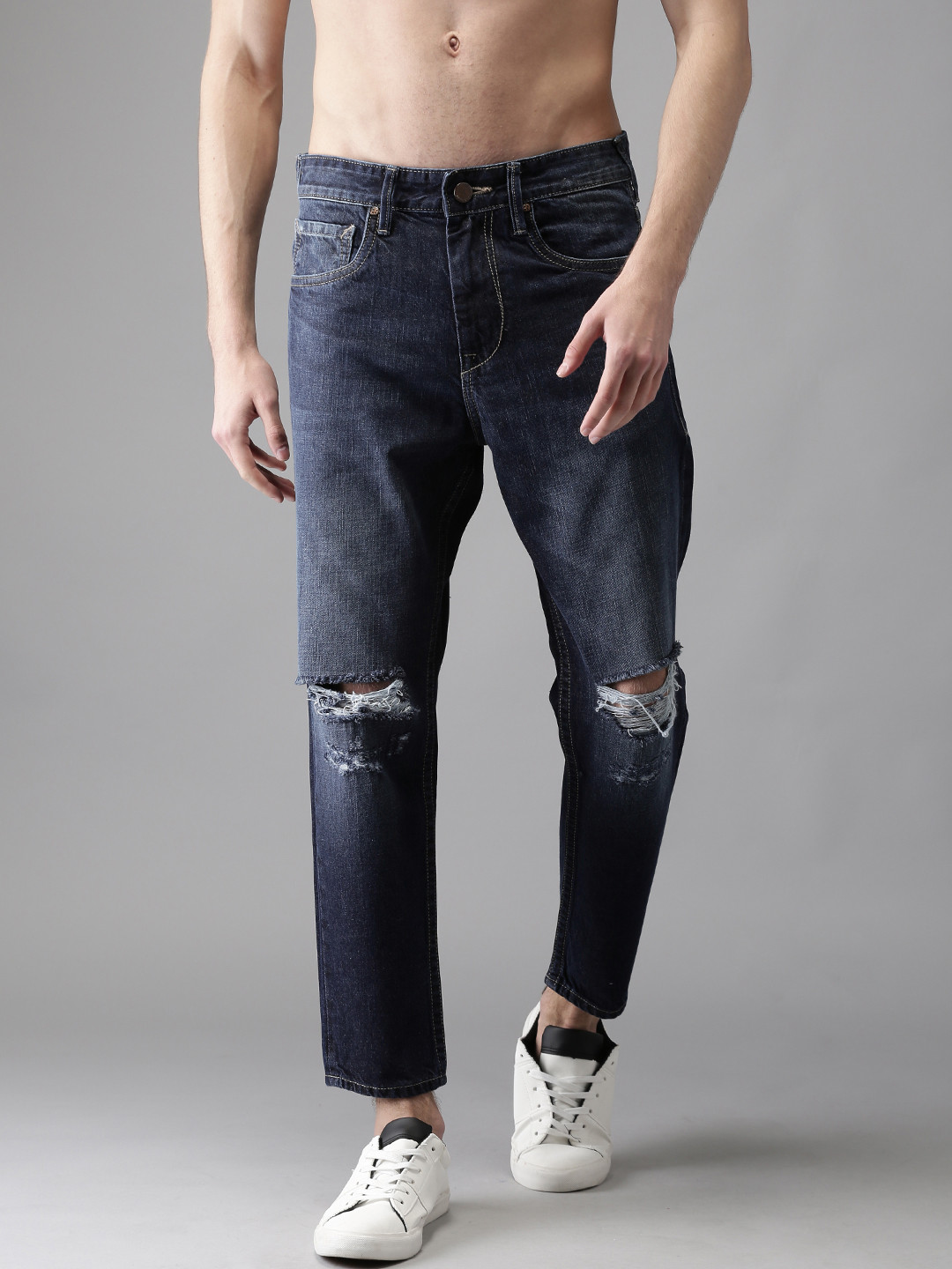Buy HERE&NOW Men Navy Blue Slim Fit Slash Knee Mid Rise Ripped Cropped