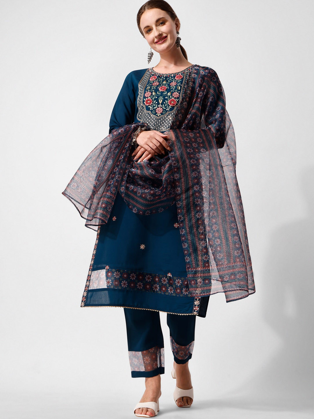 Women Black Chanderi Embroidered & Lace detailing Kurta with pant & Multicoloured Dupatta
