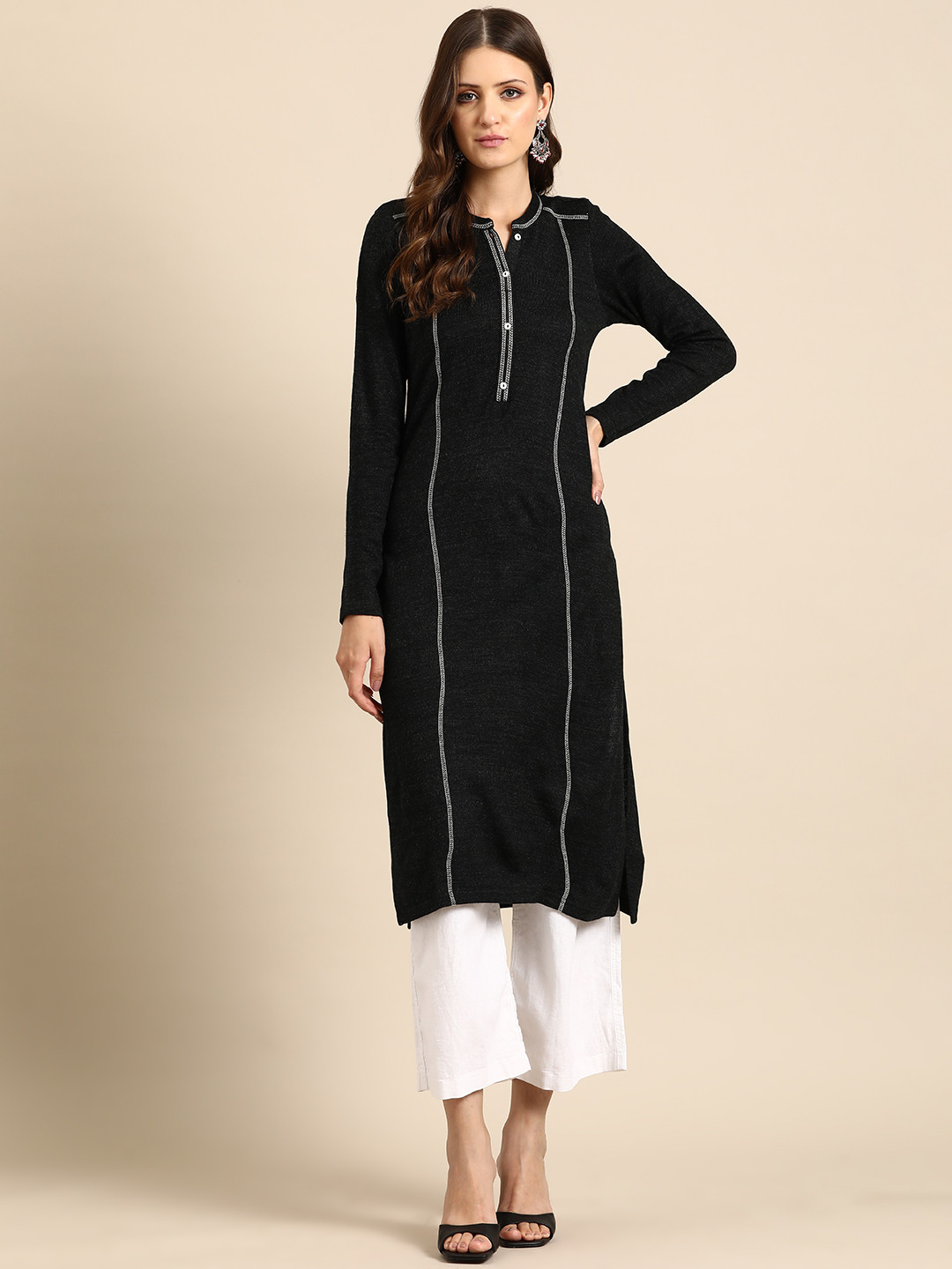 Acrylic Printed Calf Length Straight Winter Kurta