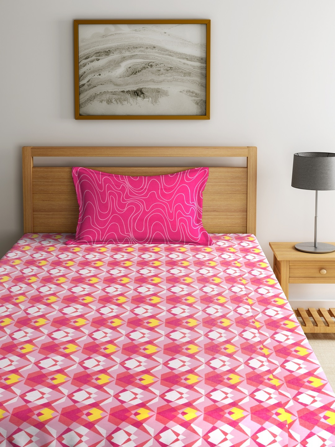 Buy Trident Pink & White 120 TC Cotton 1 Single Bedsheet With 1 Pillow