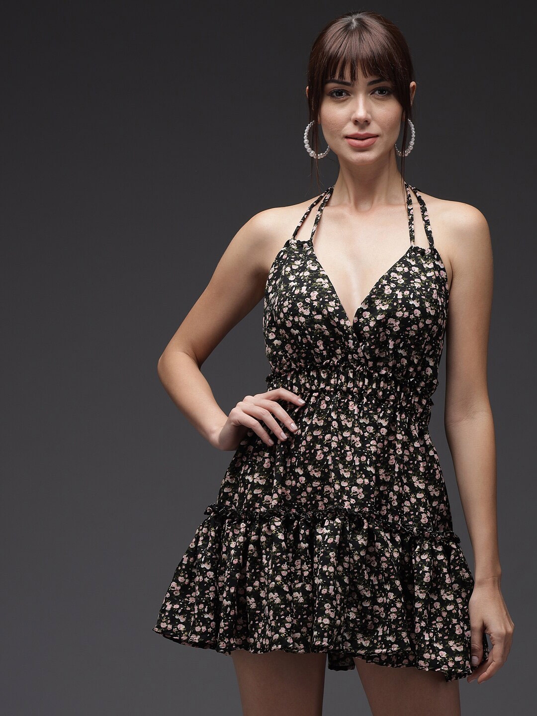 Buy BAESD Floral Printed Halter Neck Crepe Fit & Flare Mini Dress ...
