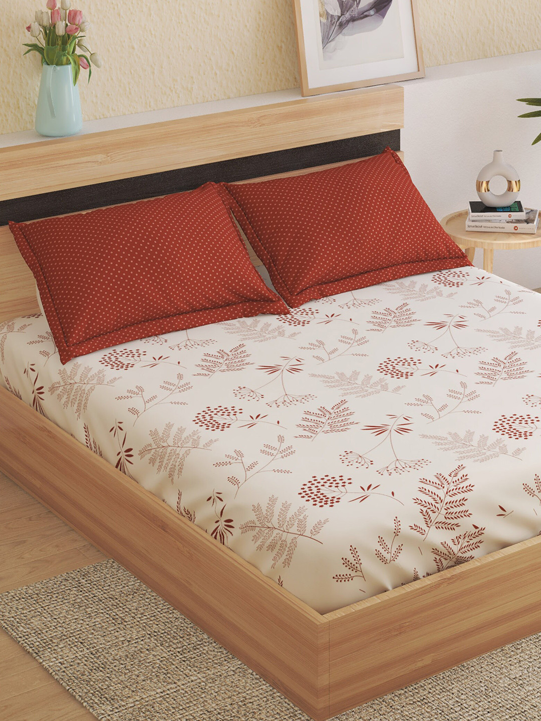 Buy Home Centre Corsica Red Floral 144 TC Fitted Queen Bedsheet With 2 Pillow Covers Bedsheets