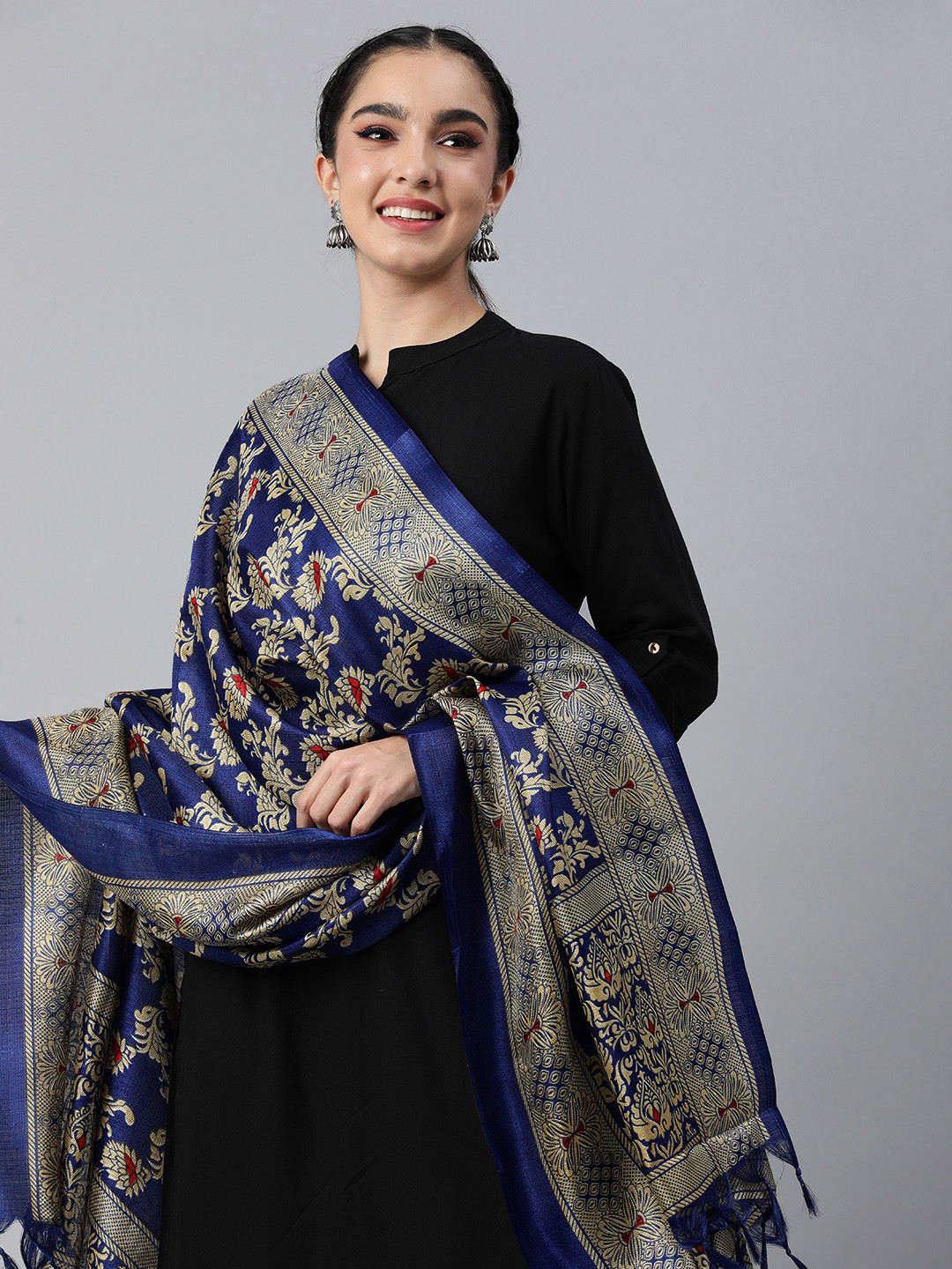 RANI SAAHIBA Dupatta Donna In Seta Artistica Stampata Kantha - Nero - 2m X 1,10m