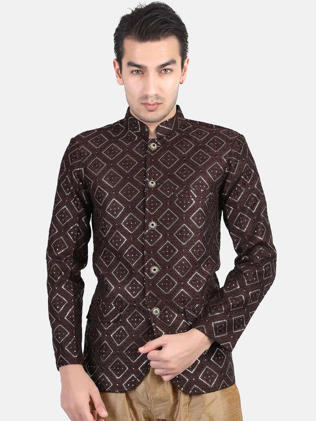 Men's Black Printed Mandarin Collar Bandhgala Blazer