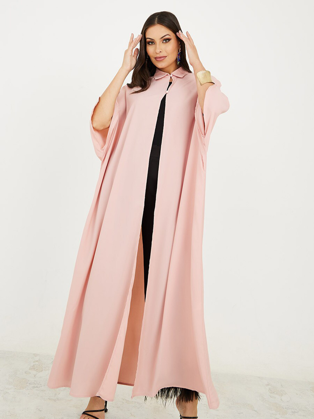 Buy Styli Longline Spread Collar Kimono Sleeves Open Front Shrug With Button Detail Shrug for