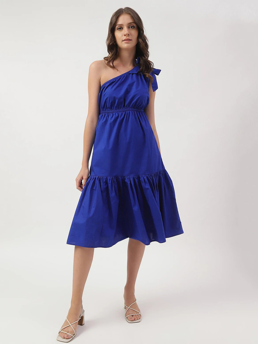 Blue Solid Cotton Fit and Flare One Piece Dress