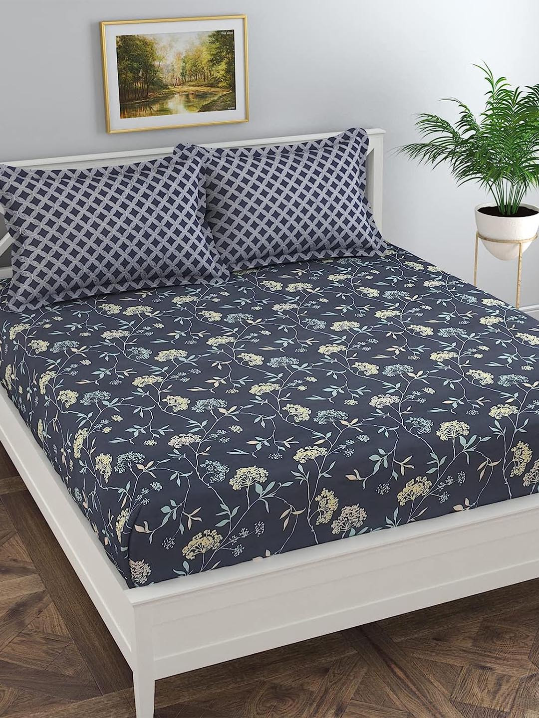Buy Florida Grey & Yellow Floral 180 TC Queen Bedsheet & 2 Pillow