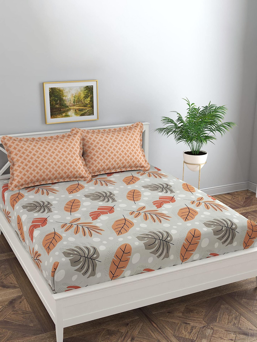 Buy Florida Orange & Grey Floral 180 TC Queen Bedsheet With 2 Pillow