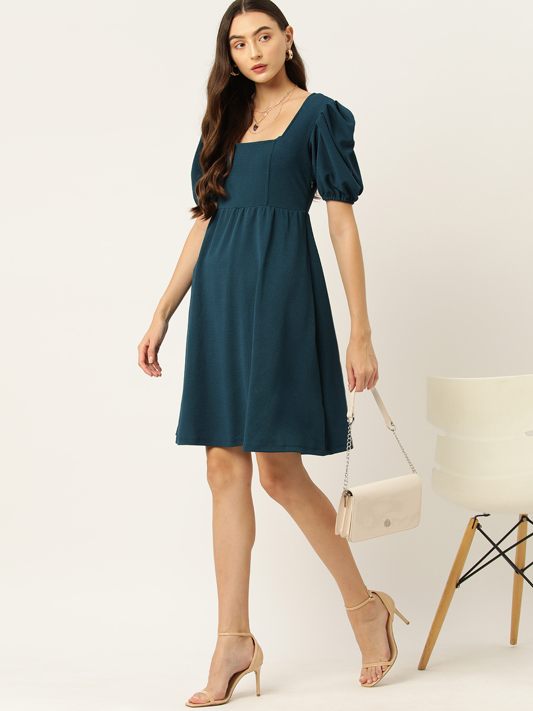 Print Puff Sleeve A-Line Midi Dress