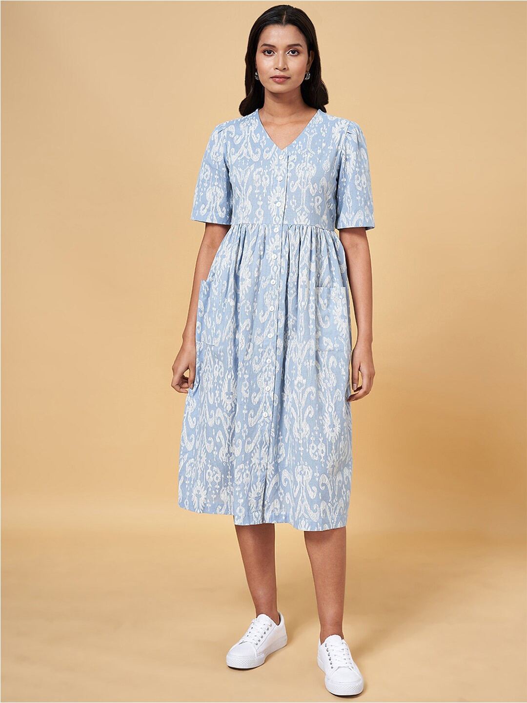 Akriti Blue Handwoven Extra-Weft V neck Dress main image 0