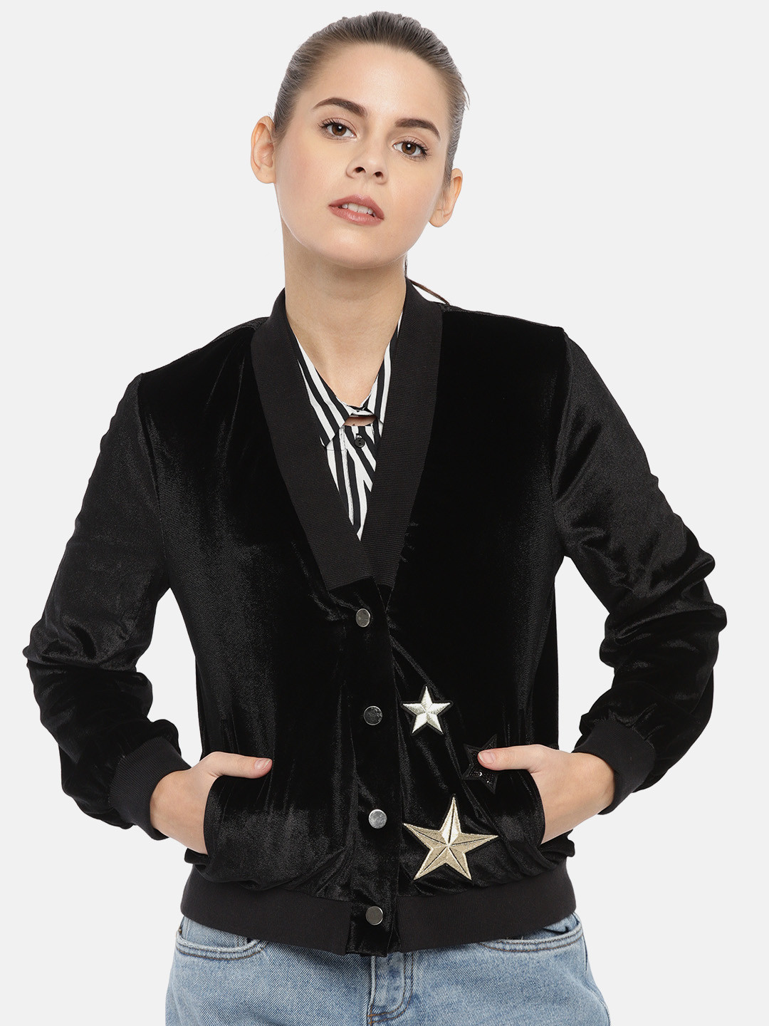 Buy Vero Moda Women Black Solid Embellished Velvet Bomber Jacket