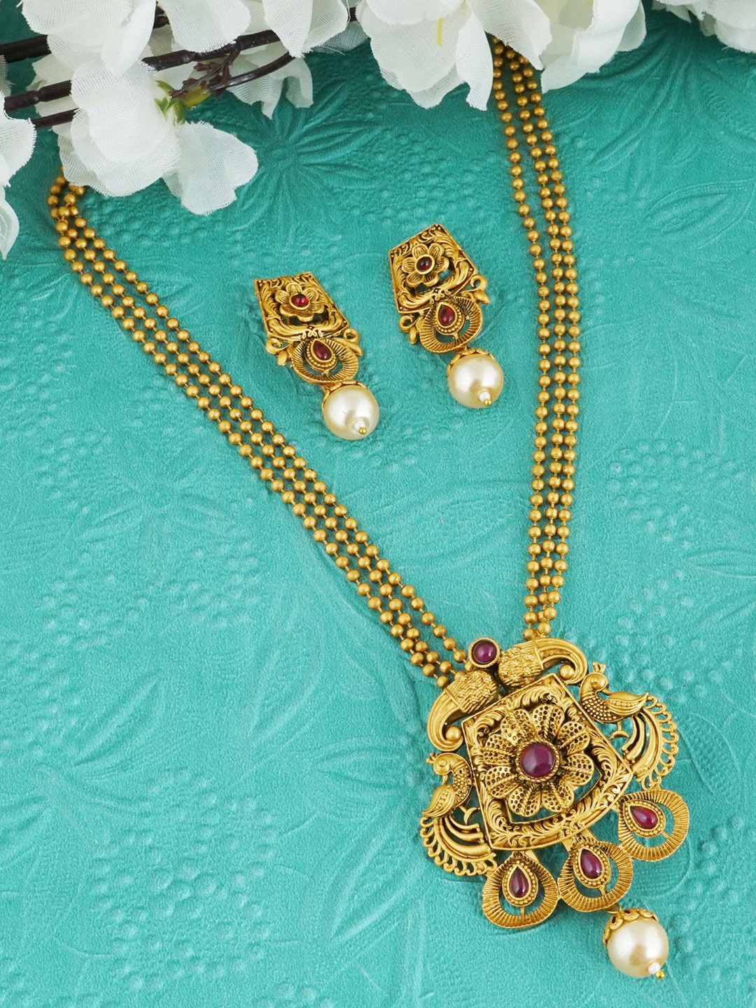 Gold-Plated Fuchsia Pink & Green Stone-Studded & Beaded Temple Jewellery Set