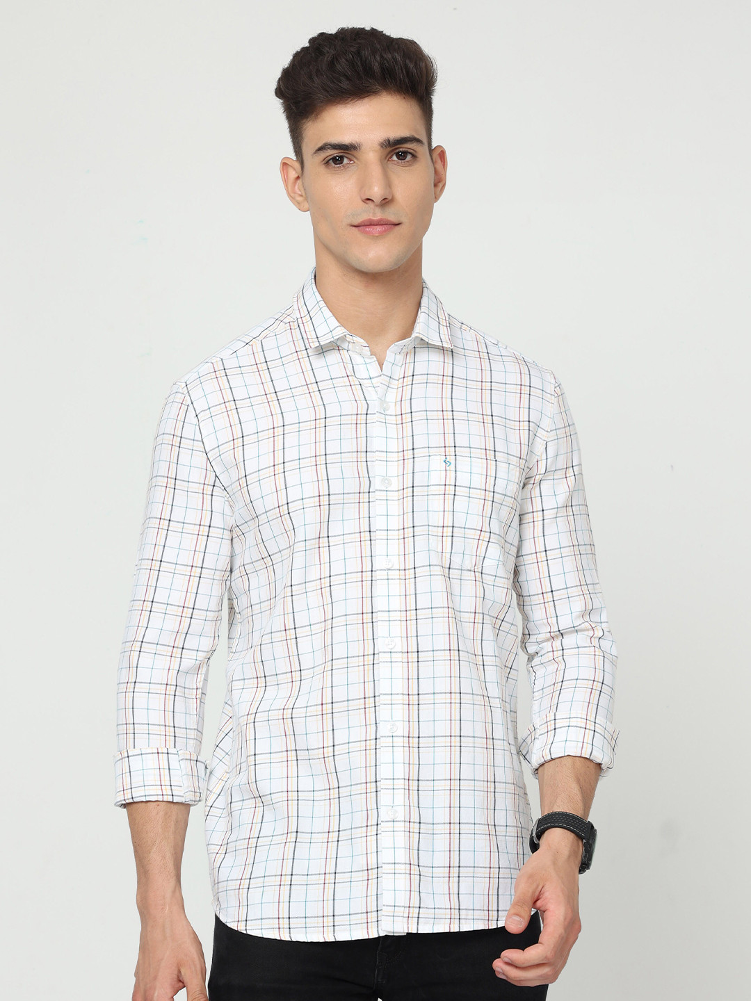 Men's Grey Tartan Checked Standard Slim Fit Cotton Opaque Casual Shirt