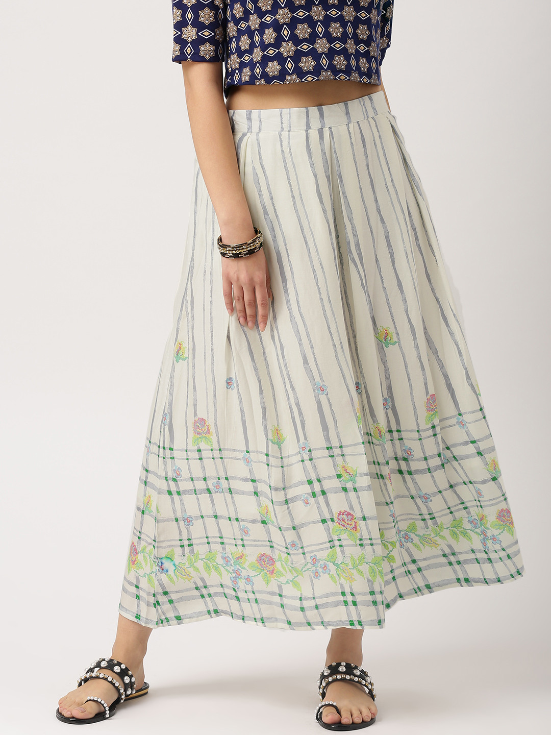 Buy IMARA Off White & Blue Striped Maxi Skirt Skirts for Women
