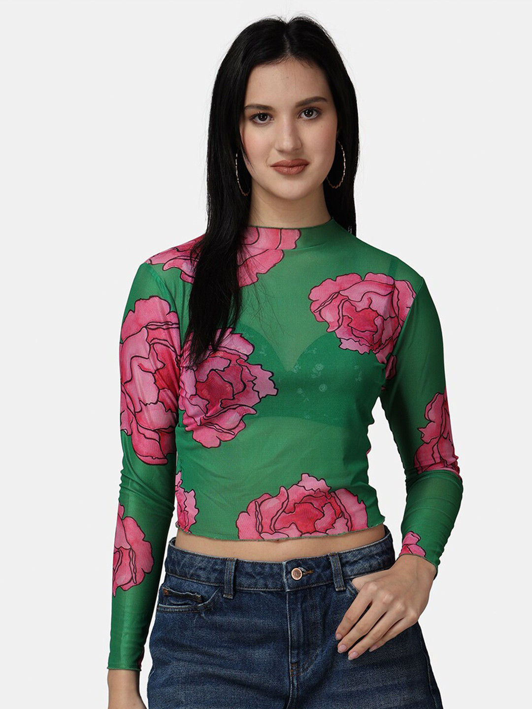 Buy Popwings Floral Printed Halter Neck Net Crop Top Tops for Women