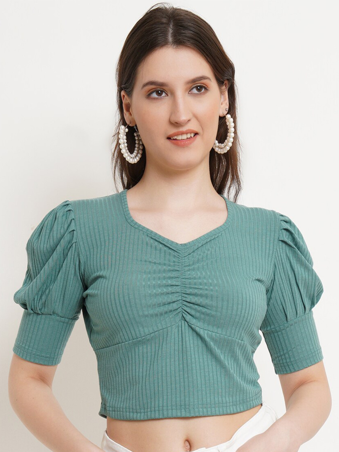 0750~Textured-cotton Puff-sleeved Cropped Top with Draped Detailing main image 0