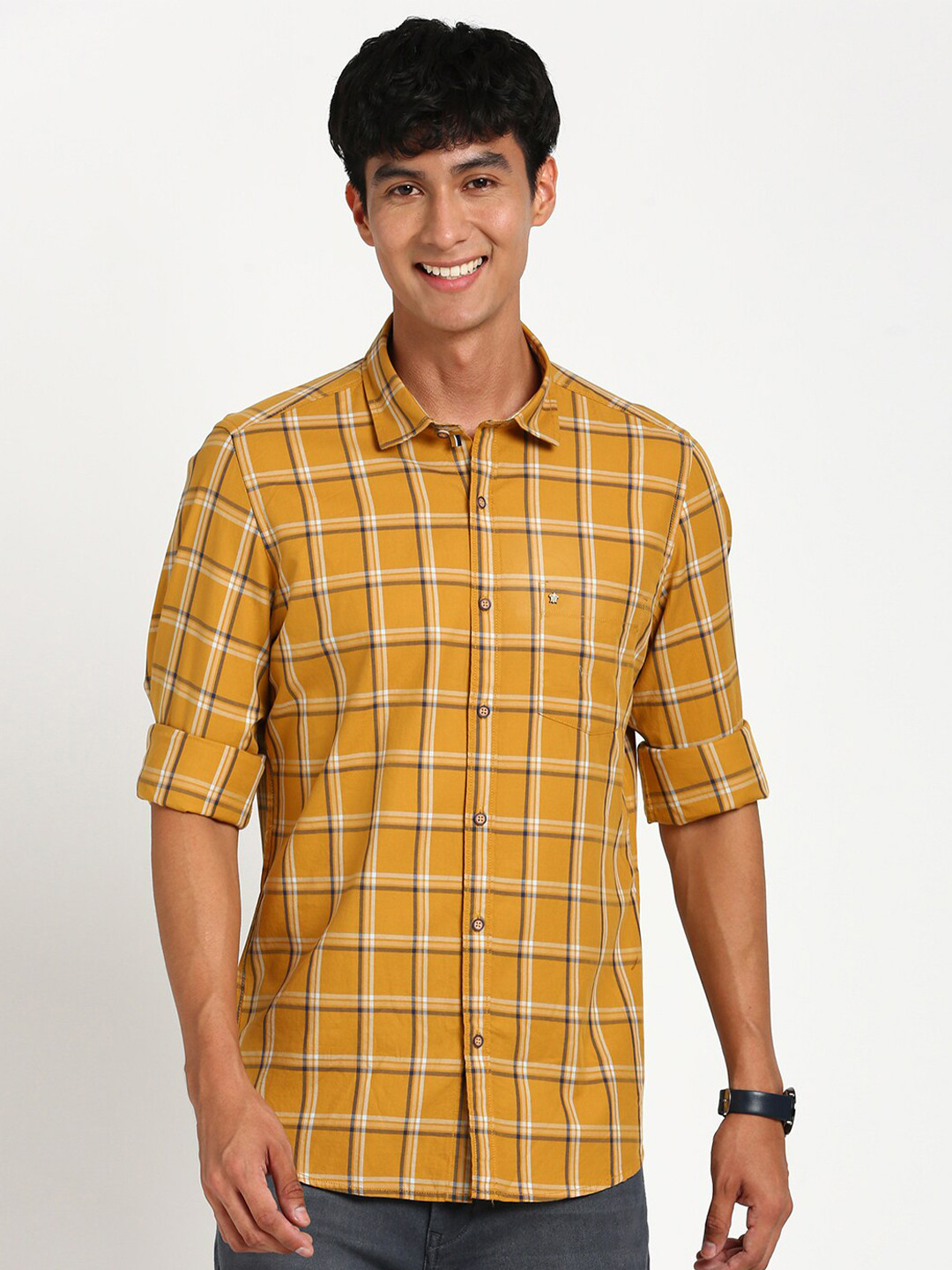 Men's Beige Comfort Tartan Checked Twill Weave Cotton Casual Shirt