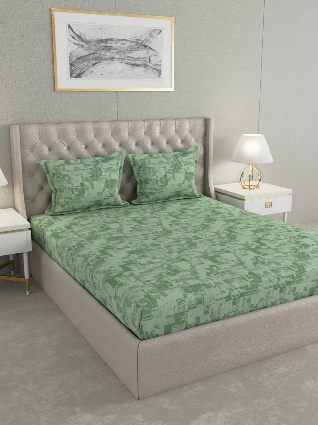Buy Raymond Home Green Printed Cotton 104 TC Queen Bedsheet With 2