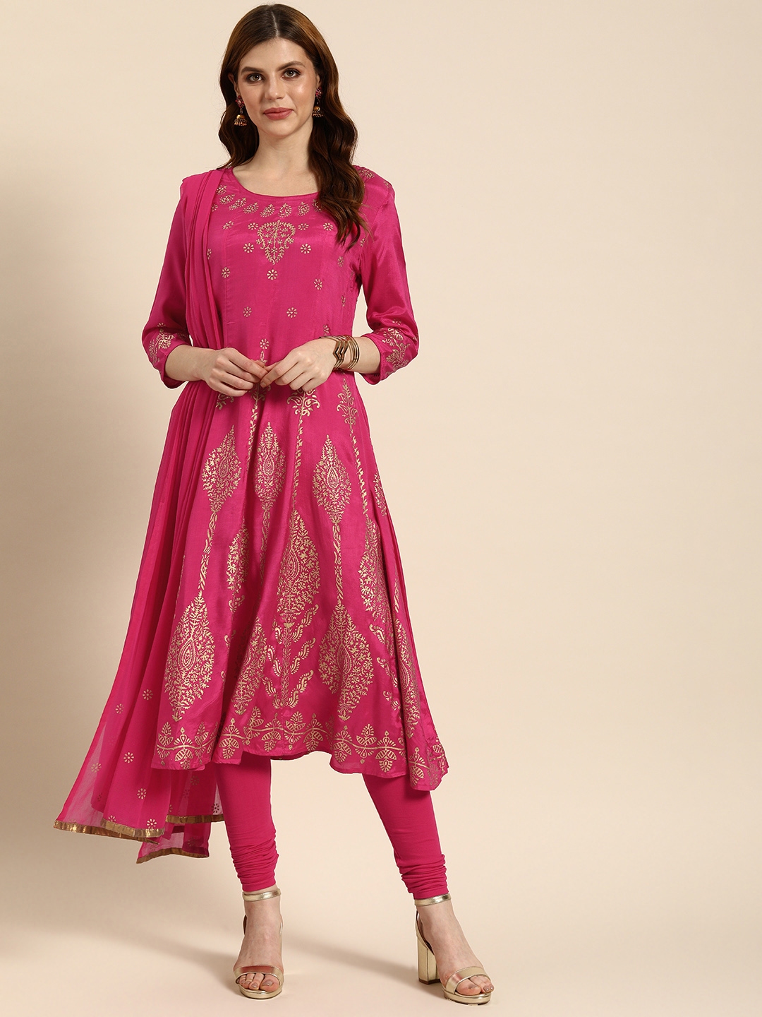 Buy IMARA Women Pink & Golden Printed Kurta With Churidar & Dupatta ...