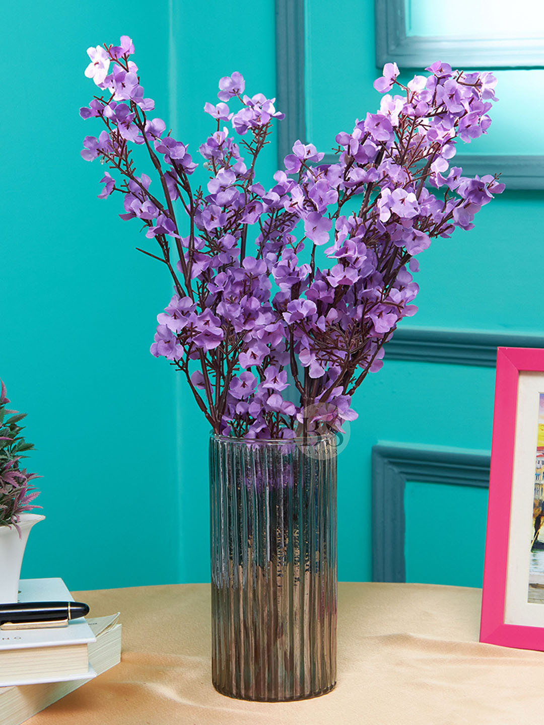 Buy BS AMOR Purple Gypsophila Flower With Ceramic Pot Artificial