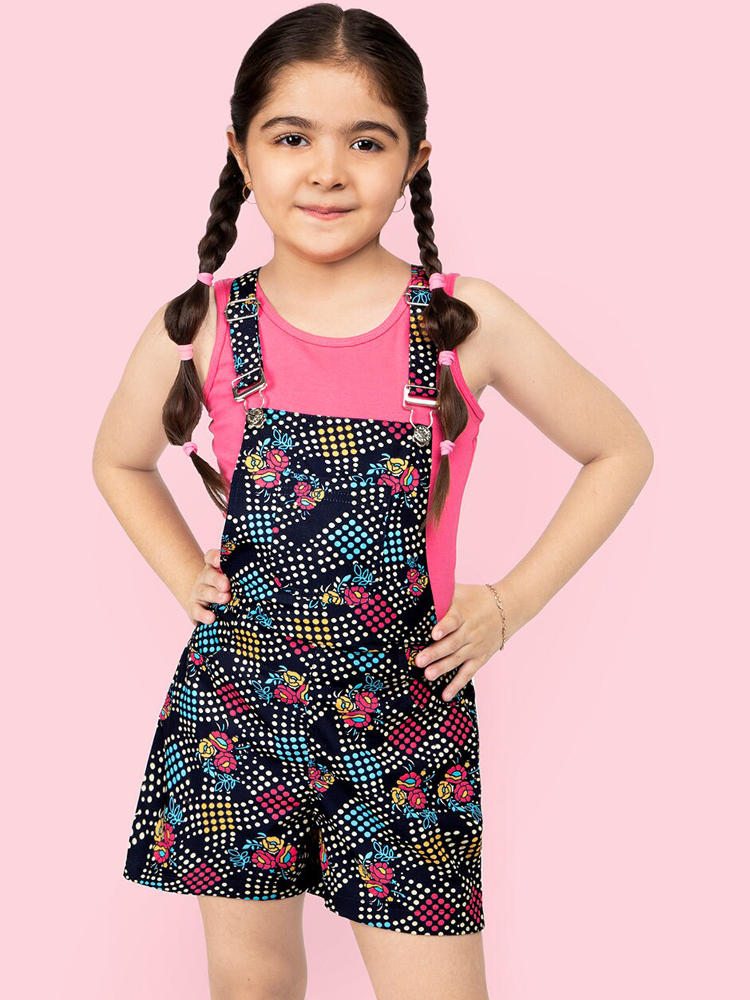 Nautinati Girls Dungaree With Waist Belt Printed Top