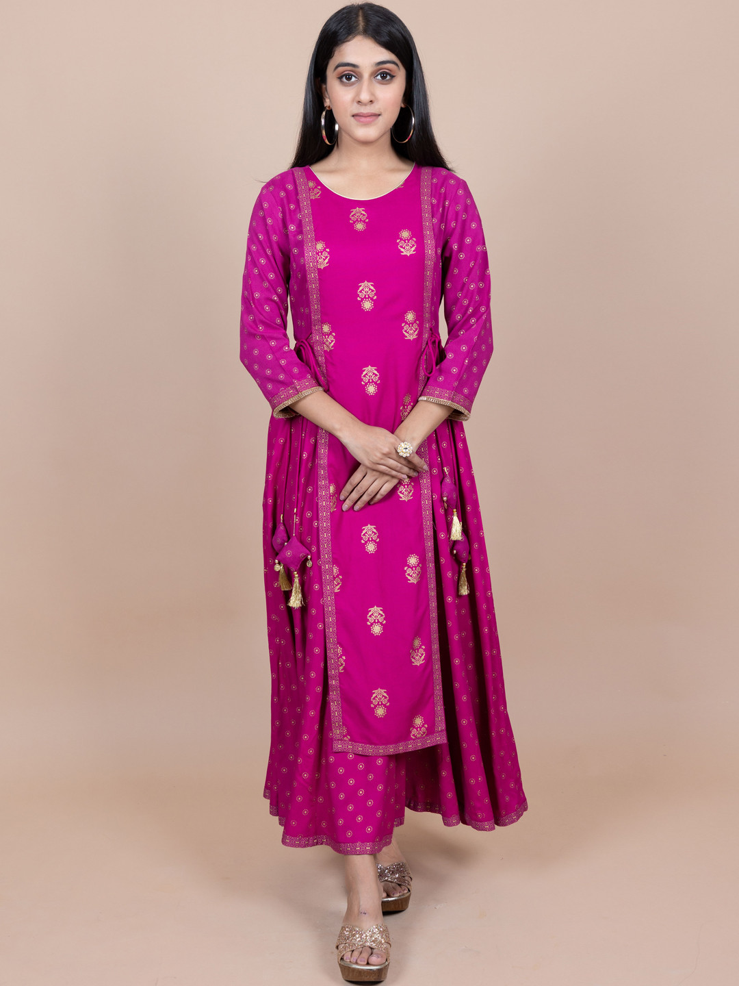 Women Pink Ethnic Motifs Printed Tie-Up Neck Cotton Maxi Dress With Dupatta