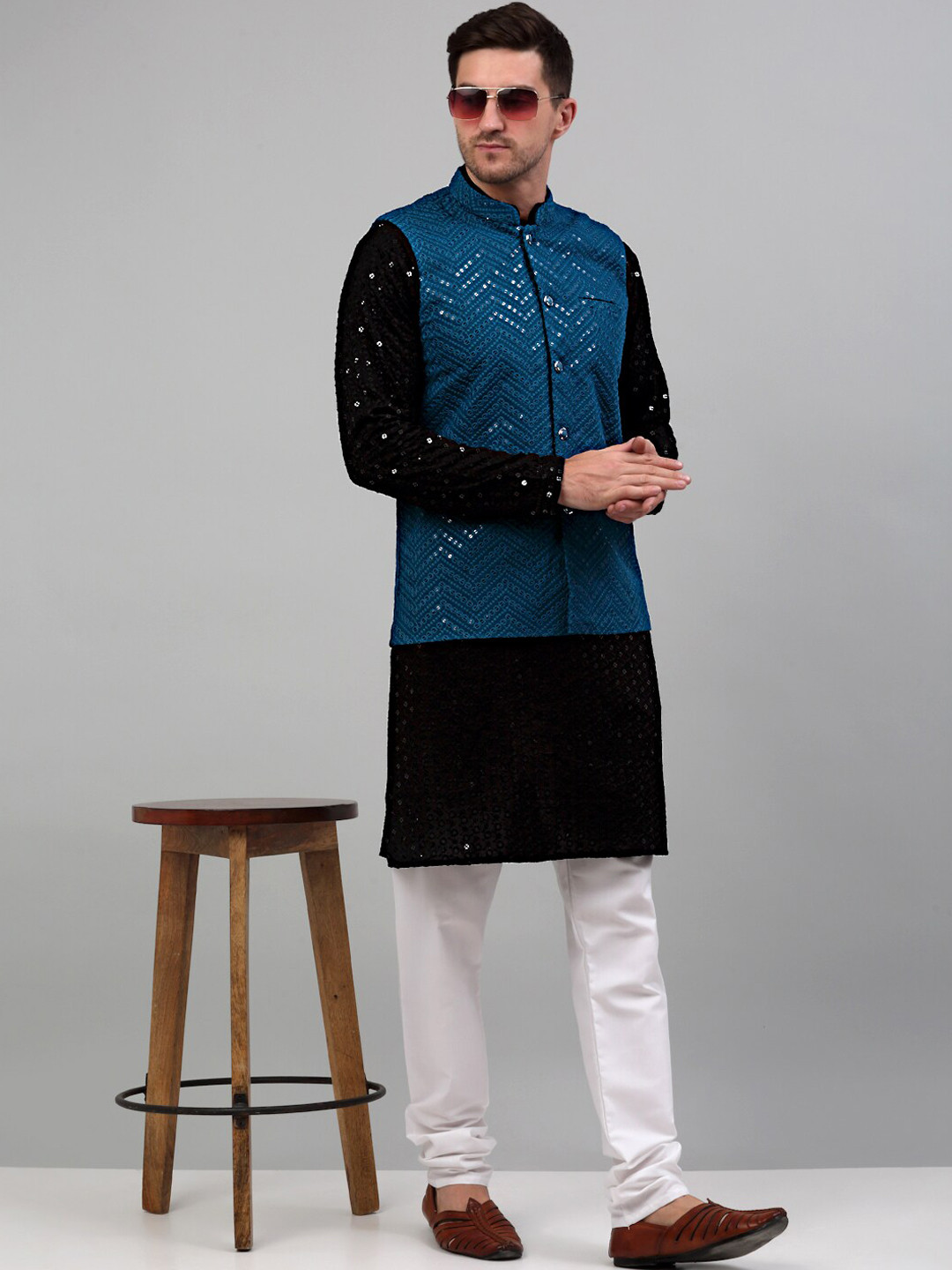 Men’s Floral Printed Kurta Set with Churidar & Woven Nehru Jacket – Elegant Ethnic Ensemble main image 1